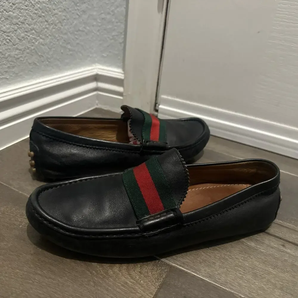 Authentic GUCCI Web Design Black Loafers 123506 GG sz 6.5 (fits USA 7.5)